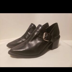 ALLSAINTS JESSIE BLACK LEATHER ANKLE BOOT 7.5 BUCKLE STRAP HEEL BRAZIL MSRP $360